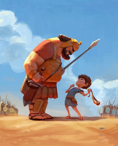 David Goliath Illustration, Bible Illustrations Art, Bible Scenes, David Bible, Biblical Characters, Bible Cartoon, David Goliath, Biblical Artwork, Sunday School Coloring Pages