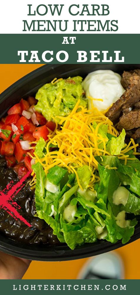 Eating Low Carb at Taco Bell is easy once you know the ordering tips and secrets! Here are 7 Low Carb and Keto friendly menu items at Taco Bell. Click to see more fast food guides at LighterKitchen.com #ketofastfood #lowcarbfastfood #ketotacobell #lowcarbtacobell #ketorestaurants #lowcarbrestaurants #easyketo #fastfoodguides #ketoonthego #restaurantguides #tacobell #fastfoodketo #lowcarbfastfoodoptions #ketofastfoodoptions #easyketomeals Low Carb Taco Bell, Keto Cravings, Low Carb At Restaurants, Keto Fast Food Options, Easy Tamales, Low Carb Paleo Recipes, Keto On The Go, Eating Low Carb, Taco Bell Recipes