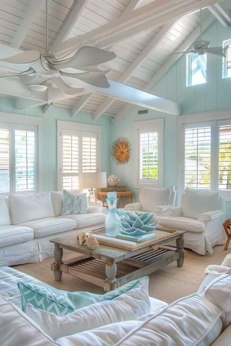 Sea Glass Inspired Living Room, Small Beach House Interior, Beach Cottage Style Living Room, Beach Cottage Ideas, Cottage Style Living Room, Living Room Coastal, Small Beach Houses, Coastal Decorating Living Room, Coastal Style Decorating