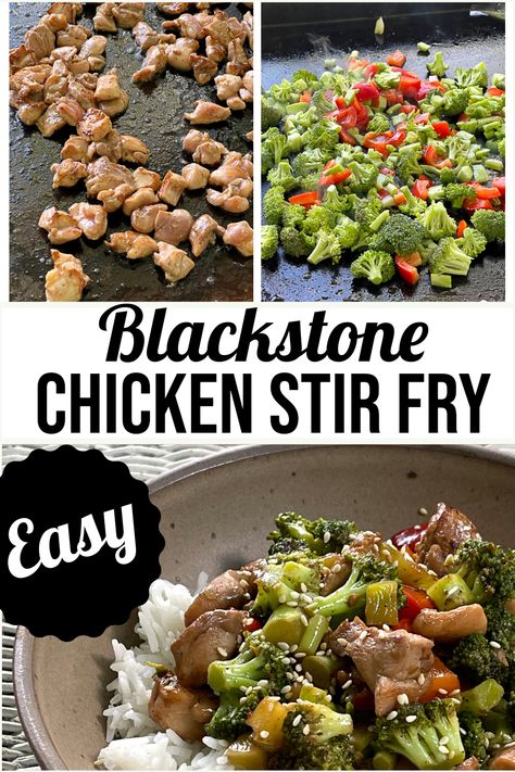 Blackstone Chicken Stir Fry - use your Blackstone or your favorite griddle to make this quick, easy, and delicious chicken stir fry!  Chicken, broccoli, and red bell pepper get a quick stir fry and then seasoned with a flavorful, slightly spicy sauce. Teriyaki Chicken Stir Fry Blackstone, Chicken And Broccoli On Blackstone, Chicken Stir Fry On Blackstone, Blackstone Chicken Stir Fry Recipes, Blackstone Chicken Stir Fry, Blackstone Chicken And Broccoli, Chicken Stir Fry On Blackstone Griddle, Stir Fry On The Blackstone, Black Stone Stir Fry Recipes