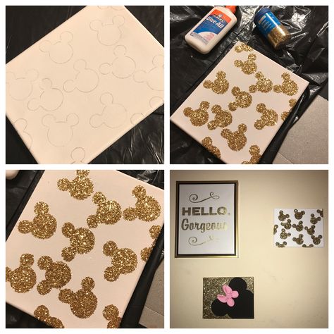 DIY hand drawn Minnie Mouse canvas with gold glitter ✨ Minnie Mouse Canvas, Minnie Mouse Bedroom, Mouse Art, Diy Shadow Box, Easy Canvas, Easy Canvas Art, Mother's Day Diy, Poster Board, Shadow Box