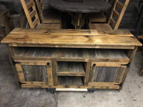 "Reclaimed Rustic Barnwood Distressed TV Stand Reclaimed Barnwood Rough Sawn Distressed Barnwood 2 Door Enclosed Bottom Sides & Back Overall Measurements; 67\"L x 17\" W x 34\"H *Please contact us before purchasing if you have other Custom Order Inquiries not listed here* (Due to fluctuating pricing & logistics with shipping Size & Weight of Furniture when crated, we can not provide accurate shipping prices at the time of purchase through Etsy) *Please make sure ALL OF YOUR CONTACT I Pallet Tv Stand Diy, Barn Wood Tv Stand, Pavilion Kitchen, Barnboard Projects, Homemade Tv Stand, Pallet Furniture Tv Stand, Diy Tv Stand Ideas, Distressed Tv Stand, Tv Stand Plans