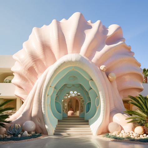 Shell Inspired Architecture, Shell Architecture, Seashell House, Pearl House, Glitter Room, Fairy Tale Cottage, Shell House, Underwater Theme, Future Buildings