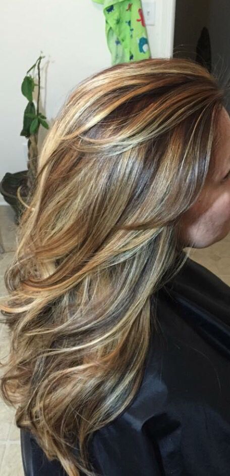 Carmel highlights  Hair by Amy Hair Color Blonde Highlights, Hair Color Blonde, Color Highlights, Hair Color Highlights, Trendy Hair Color, Hair Color And Cut, Colored Highlights, Hair Color Balayage, Fall Hair Colors