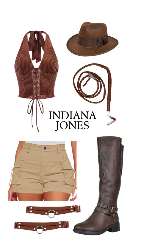 Indiana Jones-inspired costume featuring a brown halter top, khaki cargo shorts, brown leather boots, fedora hat, whip, and leather garter belts for a rugged yet chic adventurer look. Indiana Jones Costume Women, Classic Movie Costumes, Indiana Jones Outfit, Indiana Jones Whip, Female Indiana Jones, Indiana Jones Halloween Costume, Indiana Jones Cosplay, Indiana Jones Halloween, Boots Halloween Costume