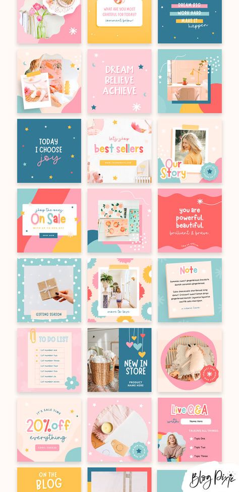 Instagram Post Templates - Fun Bright Colorful #reelsgraphicdesign #instagramreelgraphicdesign #reelsgraphicdesignideas, Cute Social Media Design, Toys Social Media Post, Canva Product Design Ideas, Colorful Social Media Design, Cute Ig Post Ideas, Kids Instagram Feed, Kids Social Media Design, Idea Post Instagram, Product Social Media Post Design