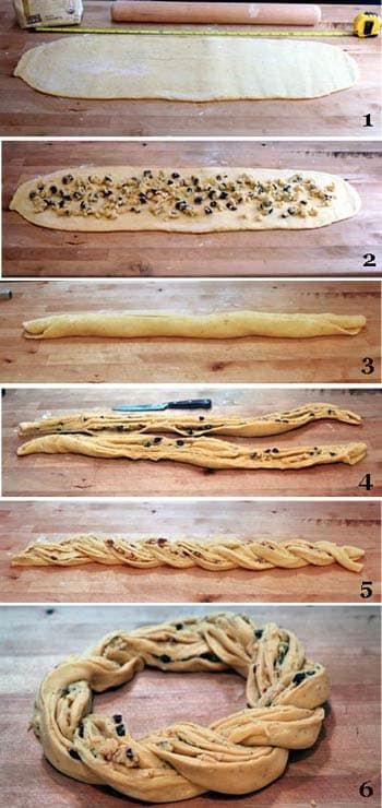 Breakfast Bread Ideas, Yule Bread, Breakfast Wreath, Wreath Bread, Bread Tutorial, Braided Wreath, Almond Breakfast, Bread Wreath, Almond Filling