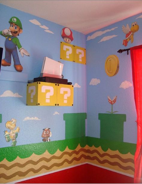 Super Mario Bros Bedroom. I want to do this to Gavin's bedroom Super Mario Bros Bedroom, Mario Bros Bedroom, Mario Bros Room, Nintendo Room, Super Mario Room, Mario Room, Brothers Room, Super Mario Birthday, Super Mario Brothers