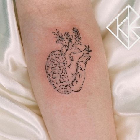 Feminine Brain Tattoo, Heart Health Tattoo, Psychological Tattoos, Heart Brain Tattoo Minimalist, Anatomical Heart And Brain Tattoo, Head Heart Tattoo, Half Heart Half Brain Tattoo, New Romantics Tattoo, Brain Tattoo Psychology