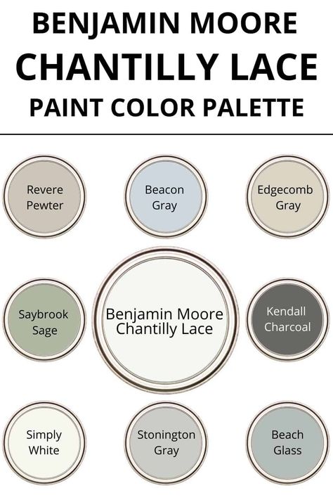 Bathroom Color Schemes Benjamin Moore, Chantilly Lace Palette, Chantilly Lace Benjamin Moore Palette, Chantilly Lace Colour Palette, Benjamin Moore Interior Paint Schemes, Paint Colors That Go With Chantilly Lace, Coordinating Colors With Chantilly Lace, Chantilly Lace Color Scheme, Chantilly Lace Benjamin Moore Color Palette