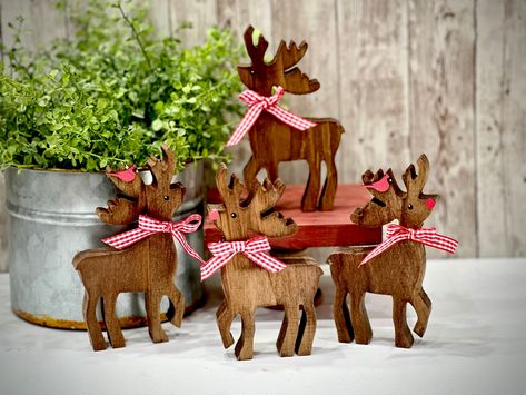 Christmas Deer Decor, Deer Christmas Decor, Mantlepiece Decor, 2023 Decorations, Painted Cardinal, Wood Deer, Wooden Deer, Christmas Decor Farmhouse, Wooden Reindeer