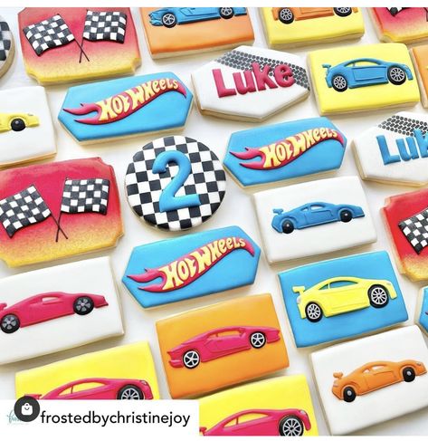 Hotwheels Cookies Decorated, Hot Wheels Cookies Decorated, Hot Wheels Cookies, Hotwheels Birthday Party, Talladega Nights, Flooding Cookies, Work Food, Cutout Cookies, Hot Wheels Birthday