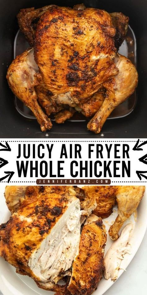 Learn how to cook whole chicken in the air fryer! It will become one of your favorite main course recipes. Juicy with an extra crispy skin, this chicken dinner idea is just perfect. Pin this for later! Cook Whole Chicken, Air Fryer Whole Chicken, Chicken In The Air Fryer, Rotisserie Chicken Recipe, Make Chicken Broth, Cooking Whole Chicken, Whole Chicken Recipes, Air Fried Food, Shredded Chicken Recipes