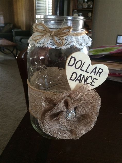 #diy Dollar dance jar. Found large mason jar at hobby lobby. Dollar Dance Jars, Wedding Dollar Dance Ideas, Dollar Dance Ideas, Dollar Dance Wedding, Camo Wedding Decorations, Camo Wedding Invitations, Country Wedding Centerpieces, Wedding Crochet Patterns, Dollar Dance