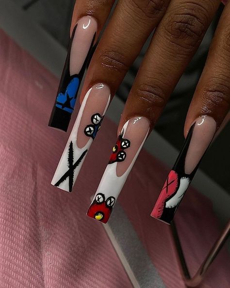 Nails Design On Dark Skin, Kaws Nails Black, Nail Designs On Black Women, Doodle Nails, Kaws Nails, Acrylic Inspiration, Tapered Square Nails, Long Acrylic Nail Designs, Colored Acrylic Nails