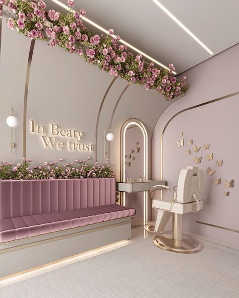 Facial Room Interior Design, Parlour Interior Design Beauty, Rose Gold Beauty Salon, Parlour Interior Design, Beauty Shop Decor, Makeup Studio Decor, Angel Wings Decor, Flower Shop Decor, Hair Salon Interior