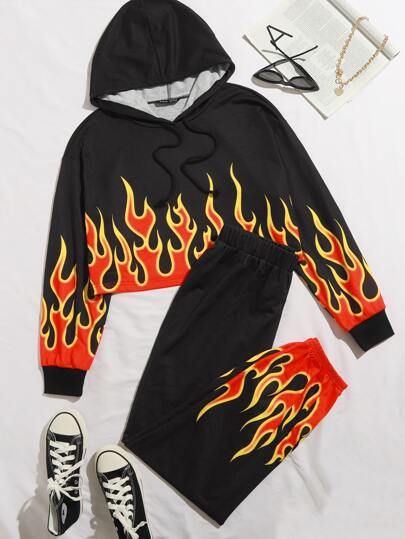 Free Returns ✓ Free Shipping On Orders $49+ ✓. Fire Print Crop Hoodie & Sweatpants Set- Two-piece Outfits at SHEIN. Fire Clothes, Cute Lazy Outfits, Swag Outfits For Girls, Tomboy Style Outfits, Crop Hoodie, Sweatpants Set, Tween Outfits, Tomboy Fashion