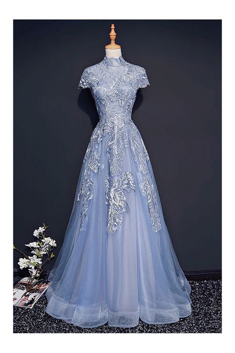 Prom Dress Inspiration Sleeves, High Neck Prom Dress With Sleeves, Elegant Blue Prom Dress, Prom Dress Inspo Long Sleeve, Light Blue Prom Dress Sleeves, Lace Prom Dresses With Sleeves, Modest Maxi Prom Dress, High Neck Dress With Sleeves, Dress With Short Sleeves Formal