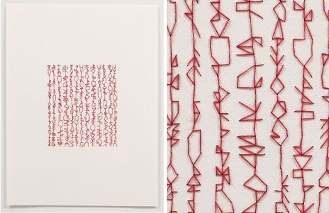 Artist: Emily Barletta – Flash of the Hand Stitching On Paper, Art Fil, Paper Embroidery, Red Thread, 자수 디자인, Sewing Art, Embroidery Techniques, Artist Books, Embroidery Projects