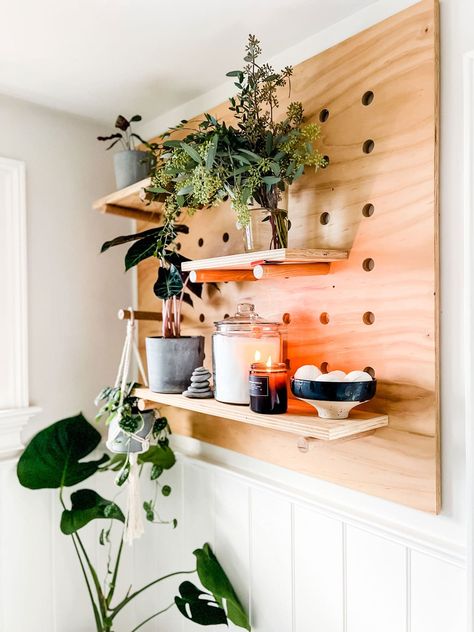 Make this DIY Modern Pegboard for houseplants | Most Lovely Things Modern Pegboard, Diy Peg Board, Limelight Hydrangeas, Young Living Lavender, Little Beach House, Mounting Putty, All White Bathroom, Wall Plant Hanger, Wood Trivets