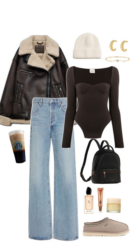 Winter outfit idea, inspiration, fashion, makeup, brown, wide leg jeans, beanie, uggs #ad #sponsored Jeans - https://amzn.to/3QbgrJM Top - https://amzn.to/447l51g Coat - https://amzn.to/44gi3YE Shoes - https://amzn.to/4d0EiG1 Backpack - https://amzn.to/3xOr8M3 Beanie - https://amzn.to/3QcRm15 Accessories - https://amzn.to/3U4PgS9 https://amzn.to/3w2rhLc https://amzn.to/3JuRHbS https://amzn.to/3w5uBW3 Brown Sherpa Jacket Outfit, Brown Wide Leg Jeans, Sherpa Outfit, Sherpa Jacket Outfit, Winter Jacket Outfits, Faux Leather Jacket Women, Jacket Outfit Women, Jacket Sherpa, Aviator Jacket