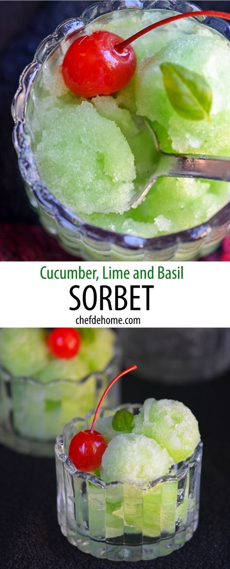 Cucumber, Lime and Basil Sorbet Recipe | ChefDeHome.com Basil Sorbet Recipe, Basil Sorbet, Vegan Sorbet, Granitas, Sorbet Recipe, Sorbet Ice Cream, Sorbet Recipes, Cold Treats, Cucumber Recipes