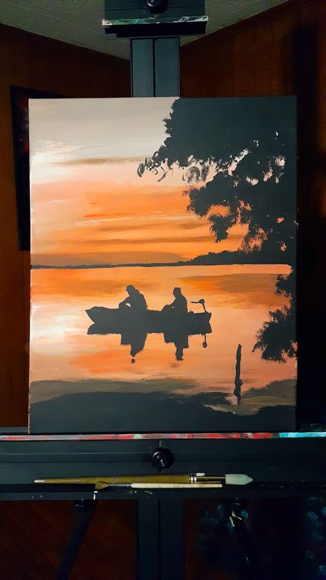 Fishing Scene Painting, Fisherman Painting Acrylics, Duck Hunting Painting Easy, Fishing Art Painting, Fly Fishing Art Painting, Bass Painting Easy, Fishing Painting Ideas, Hunting Painting Ideas, Mikey Painting