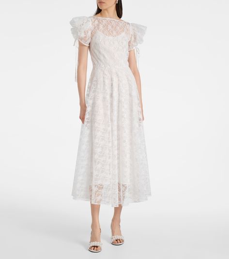 Floral silk lace midi dress in white - Rodarte | Mytheresa Silk Summer Dress, Midi Wrap Dress, Silk Lace, Silk Midi Dress, Satin Midi Dress, Green Midi Dress, Lace Midi, Satin Slip Dress, Ruffled Sleeves