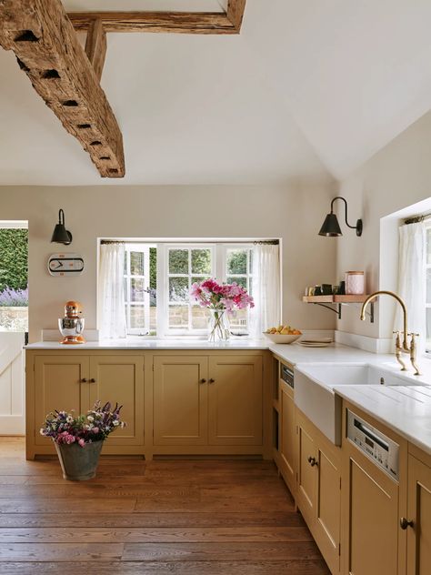 A charming 17th-century farmhouse in the rolling hills of the South Downs | House & Garden Cottage Interior Design, Reclaimed Doors, South Downs, Inglenook Fireplace, Circular Table, Country Style Kitchen, Range Cooker, Yellow Kitchen, Everything But The House