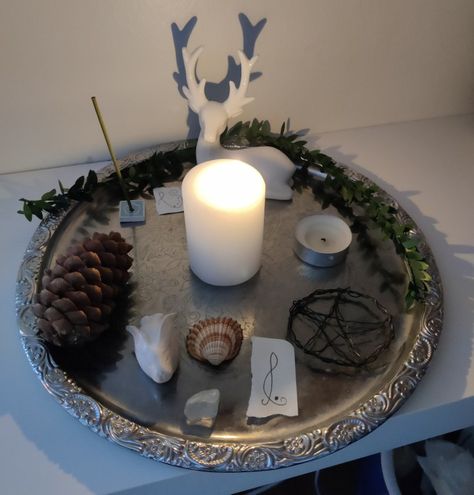 Artemis, Altar, Paganism, Spirituality, Witchcraft, Deity, Candles, Pentagram, Elements, Incense Altar For Artemis, Artemis Altar Offerings, Altar Arrangement Witchcraft, Working With Artemis, Apollo Altar Setup, Jupiter Altar, Loki Altar Ideas, Small Alter Ideas, Small Altar Ideas Witch