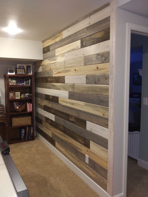 In 2019 Dad and I built my beetle kill pine blue stain tongue and groove accent wall in basement. Stained with Homestead House stains in white, cappuccino and driftwood with clear polycrylic on most of boards. Blue Pine Tongue And Groove Walls, Tung And Groove Walls, Tongue And Groove Accent Wall, Accent Wall In Basement, Bm Pale Oak, Craftsman Trim Interior, Snowboard Bench, Pipe Coffee Table, House Garage Ideas