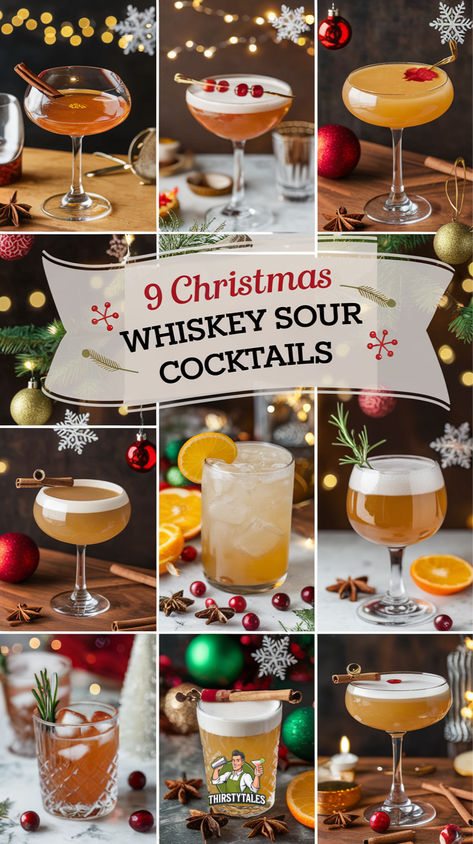 "Discover 9 delightful Christmas Whiskey Sour cocktails perfect for your  holiday gatherings! These festive drinks combine the classic whiskey sour  with seasonal flavors, using fresh lemon juice for a zesty twist. Elevate  your holiday celebration with these irresistible whiskey cocktails that  will impress your guests. Perfect for any Christmas gathering, these  holiday cocktails are sure to be a hit! Explore our collection of seasonal  recipes and toast to the season with style!" Whiskey Sour Recipe Egg Whites, Amaretto Whiskey Sour, Christmas Sour Cocktail, Bourbon Sour Cocktail Recipes, Whiskey Sour Recipes, Whiskey Sour Recipe Easy, Drinks With Whiskey, Simple Whiskey Cocktails, Warm Whiskey Drinks