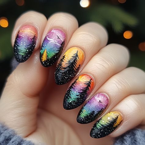 Winter Wonderland Nail Art Winter Tree Nail Art, Northern Lights Nail Art, Northern Lights Nails, Wonderland Nail Art, French Almond, Tree Nail Art, Water Color Nails, Light Nails, Winter Watercolor