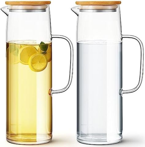 Hsei 2 Sets Glass Pitcher with Lid, 50 oz / 1500 ml Water Carafe with Handles Hot Cold Beverage Water Jar Glass Jug for Tea Juice Milk Coffee Iced Beverage Glass Water Carafe, Juice Pitcher, Water Carafe, Glass Jug, Water Pitchers, Glass Pitchers, Iced Drinks, Iced Tea, Serveware