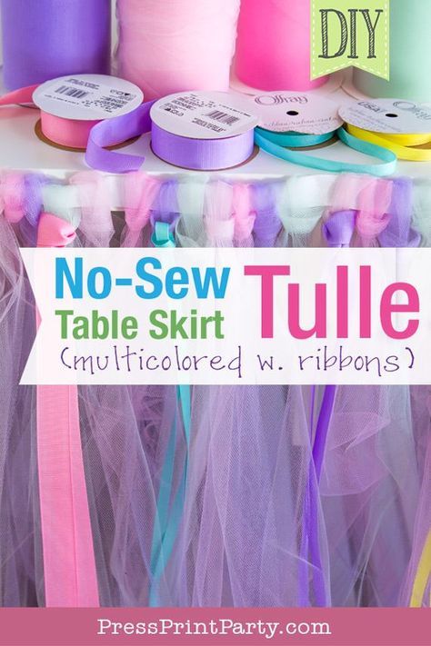 DIY Tulle Table Skirt: How to make a Rainbow, multicolored No Sew tulle table skirt tutorial. Perfect for your unicorn party, princess party, wedding, or baby shower. Learn how much tulle you need and use ribbons to add color and fun. Pink, purple, mint, yellow. By Press Print Party! #unicornparty #tulleskirt #diy #rainbowtulleskirtsdiy Diy Table Skirts, Tutu Table Skirt, Tutu Table, Unicorn Food, Baby Ellie, Diy Tutus, Tulle Table Skirt, Diy Tulle, Tulle Table