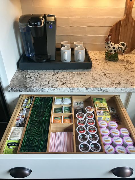 Coffee Tea Drawer Organizer, Coffee Drawer Organization, Tea Storage Ideas, Coffee Drawer, Tea Drawer, Coffee And Tea Station, House Kitchen Decor, Kitchen Cabinet Plans, Office Decor Inspiration