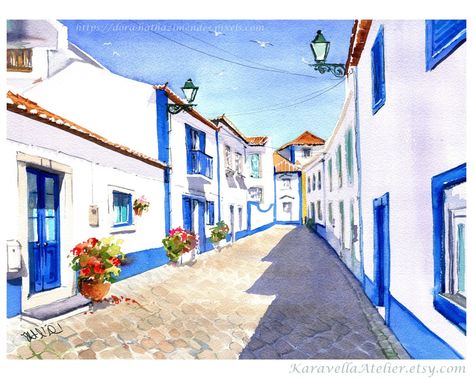 My watercolors about Portugal, Ericeira, Obidos, Praia Mira, Porto Street Watercolor, Houses Painting, Ericeira Portugal, Blue Houses, Journaling Drawing, Portuguese Art, Village Street, Atelier Art, Watercolor Painting Ideas