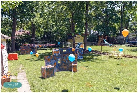 Gray's Nerf Gun Birthday Party | Fresh Art Photography Outdoor Nerf Battlefield, Backyard Nerf Battlefield, Nerf Wars Birthday Party, Nerf Wars Battlefield Diy, Nerf Battle Birthday Party, Nerf Wars Battlefield, Diy Nerf Battlefield, Nerf Battlefield Diy, Laser Tag Party