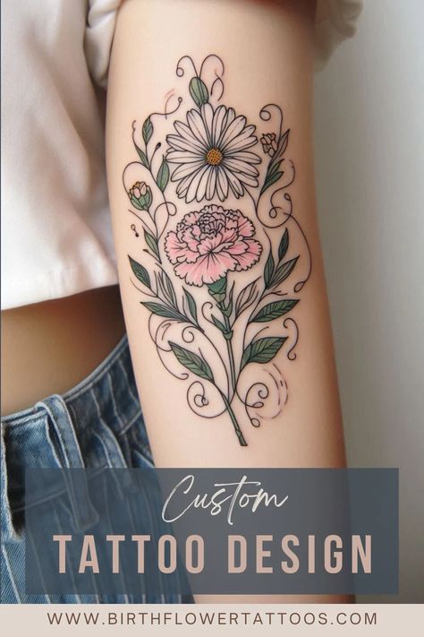 Daisy and Carnation Flower Tattoo: Birth Flower Design Tattoo Birth Flower, Carnation Flower Tattoo, January Flower, Carnation Tattoo, January Birth Flowers, April Birth Flower, Daisy Tattoo, Birth Flower Tattoos, Carnation Flower