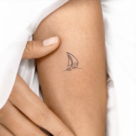 Small Sail Boat Tattoo Simple, Cute Boat Tattoo, Single Line Sailboat Tattoo, Minimal Boat Tattoo, Sailing Tattoos For Women, Boating Tattoo, Catamaran Tattoo, Boat Tattoo For Women, Small Boat Tattoo