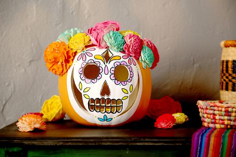 What Is Day of the Dead? Here's What to Know About the Holiday Sugar Skull Pumpkin Stencil, Day Of The Dead Pumpkin, Sugar Skull Pumpkin, Pumpkin Masters, Pumpkin Carving Tools, Halloween Pumpkin Diy, Pumpkin Painting Ideas, Pumpkin Display, Sugar Skull Design