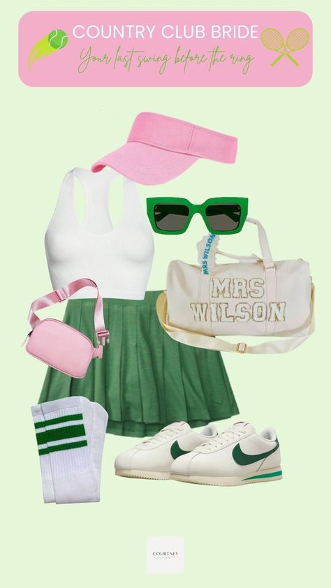 Chic golf-inspired outfit for the country club bride. Elevate your Last Swing Before the Ring bachelorette party with this stylish ensemble: polo shirt, tailored white shorts, comfy sneakers. Embrace the preppy elegance with panache! 🏌️‍♀️💍 Preppy Bachelorette Party, Country Club Bachelorette, Club Bachelorette Party, Last Swing Before The Ring, Country Club Outfit, Club Bachelorette, Veuve Cliquot, Brunch Club, Golf Preppy