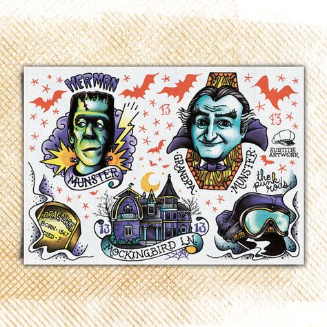 The Munsters Flash Tattoo The Munsters Tattoo, Munsters Tattoo, The Munsters Tattoo Ideas, Herman Munster Tattoo, Old School Frankenstein Tattoo, Lily And Herman Munster Tattoo, Frankenstein Tattoo Traditional, American Traditional Frankenstein Tattoo, Universal Monsters Tattoo