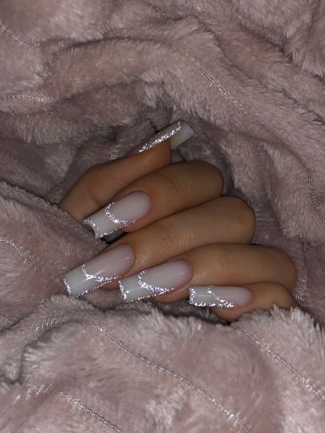 Milky White Glitter Nails, Flash Nails, Shimmer Nails, Kylie Nails, One Color Nails, Nail Shimmer, Girly Acrylic Nails, French Acrylic Nails, Classy Acrylic Nails