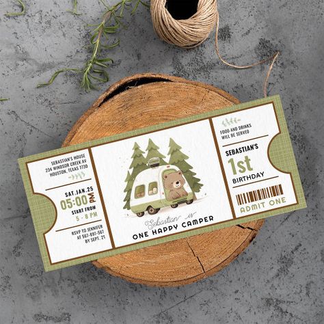 $3.4 | One Happy Camper First Birthday ticket - zgroupon, 1st birthday, one happy camper, first birthday, happy camper invite, modern camping invitation, one happy camper invitation, boy first birthday invitation, glamping birthday invitation, admit one ticket invitation Camping Theme First Birthday, Birthday Camping Theme, Green Camper Van, First Birthday Camping Theme, First Birthday Camping, One Happy Camper First Birthday, Happy Camper Birthday Party, Camping Birthday Invitations, Pine Tree Pattern