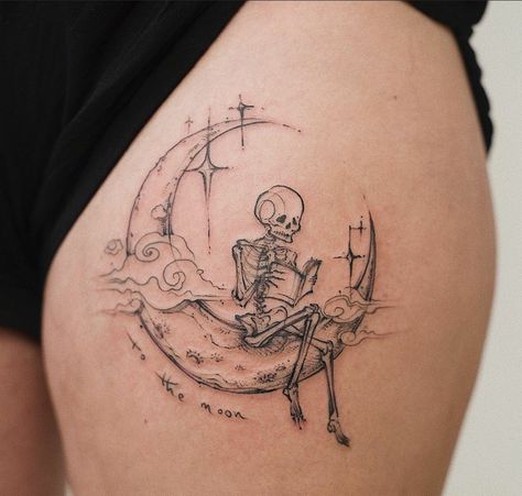 Celestial Patchwork Tattoos, New Age Tattoo Style, Its Almost Over Its Just Begun Tattoo, Naked Fairy Tattoos For Women, Romantic Gothic Tattoo, Nihilist Tattoo, Ethereal Moon Tattoo, Dark Fem Tattoos, Whimsical Tattoo Designs