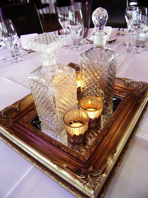 Bourbon Themed Birthday Party Decor, Decanter Wedding Centerpiece, 1930s Centerpieces, Cigars And Whiskey Party Centerpieces, Masculine Event Decor, Bourbon Themed Centerpieces, Aged To Perfection Centerpieces, Speakeasy Centerpieces, Bourbon Bottle Centerpiece