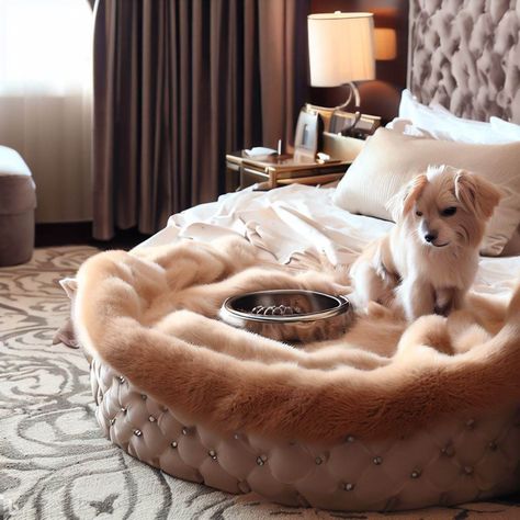 a luxury hotel room, a blanket throw on the bed in the corner is a cute dog sitting in a deluxe dog bed with a bowl on a fancy tray nearby - Image Creator Luxury Dog Room, Luxury Dog Bed, Bougie Dog Aesthetic, Huge Dog Bed, Boujee Dog Beds, Fancy Dog Beds, Princess Dog Bed, Fancy Bedroom, Dog Corner