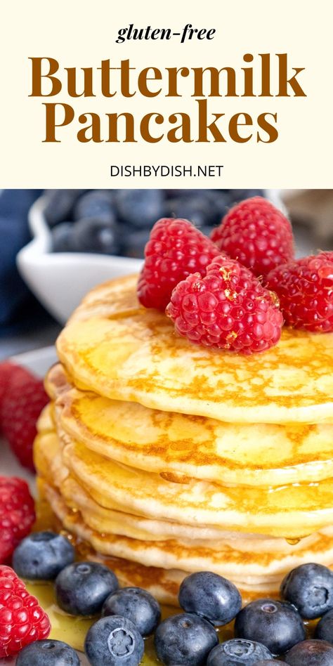 Easy gluten-free buttermilk pancakes that are a cinch to whip up. They taste amazing with a drizzle of maple syrup and fresh berries, and are a great breakfast or dessert. Dairy-free option too. Gluten Free Buttermilk Pancakes, Gf Pancakes, Gluten Free Brunch, Pancake Recipe Buttermilk, Pumpkin Waffles, Pancake Stack, Gluten Free Pancakes, Diet Meals, Gf Desserts