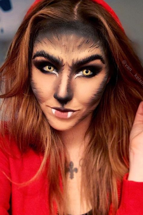 Little Red Werewolf Makeup Red Werewolf, Red Riding Hood Makeup, Scary Halloween Makeup Ideas, Werewolf Makeup, Wolf Makeup, Scary Halloween Makeup, Deer Makeup, Werewolf Costume, Big Teeth